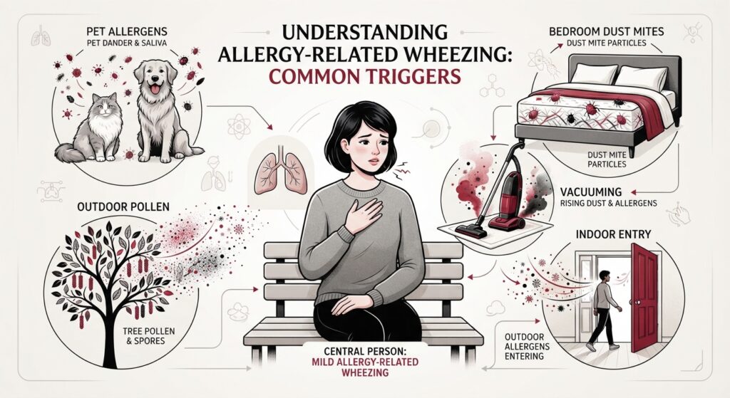 Medical infographic illustrating five allergy wheezing triggers surrounding a person experiencing chest tightness: pets, bedroom dust mites, vacuuming, indoor entry, and outdoor pollen
